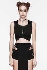 Débardeur Punk Noir Sans Manches à Découpes Croisées avec Capuche pour Femme